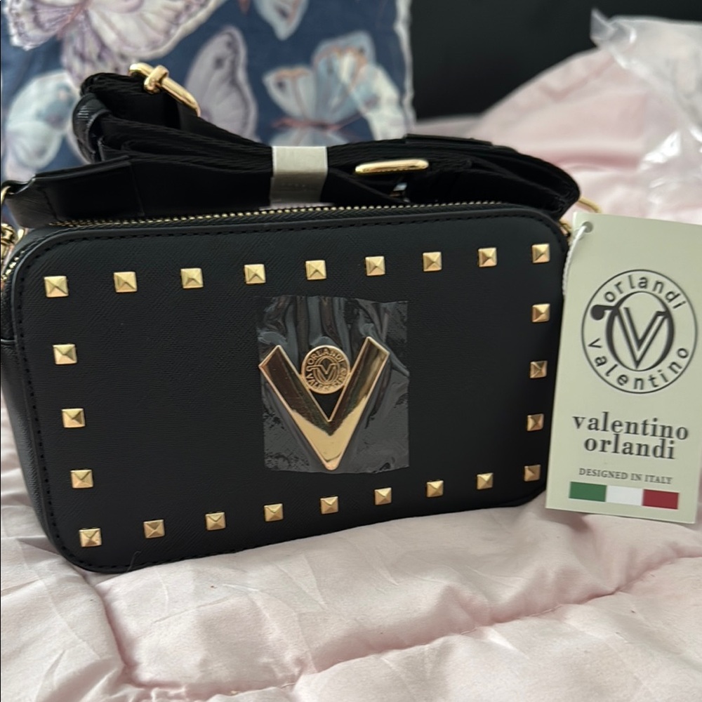Valentino Orlandi Black and Gold Crossbody Bag with Studded Details